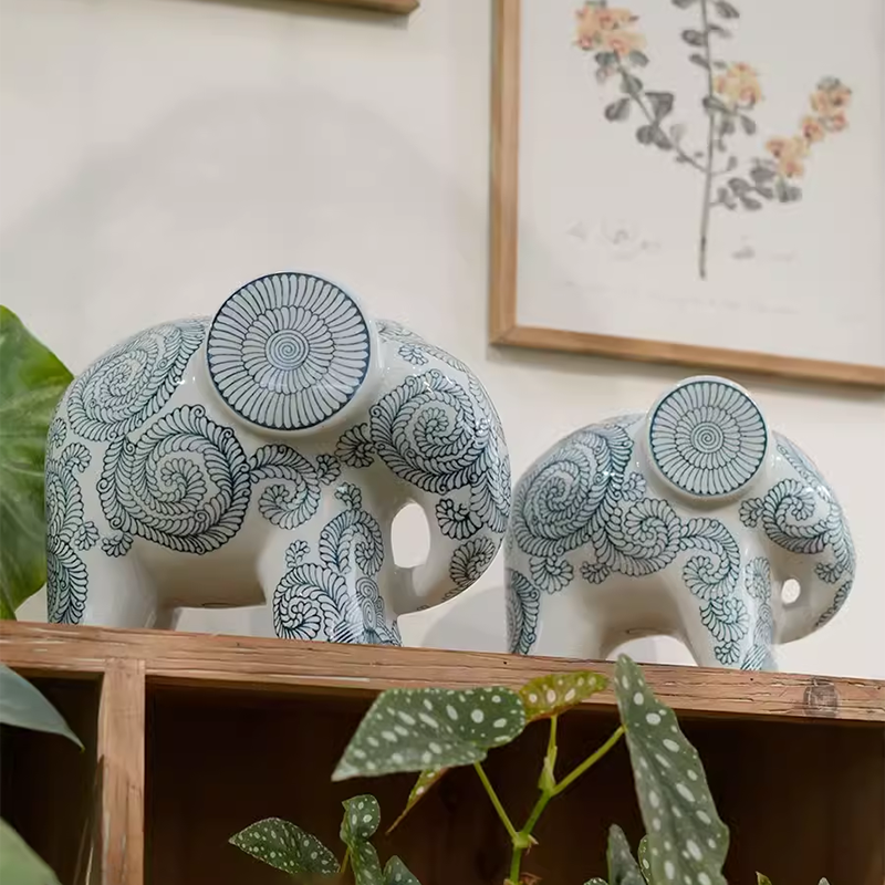 Lucky Elephant Blue Porcelain Living Room Decor