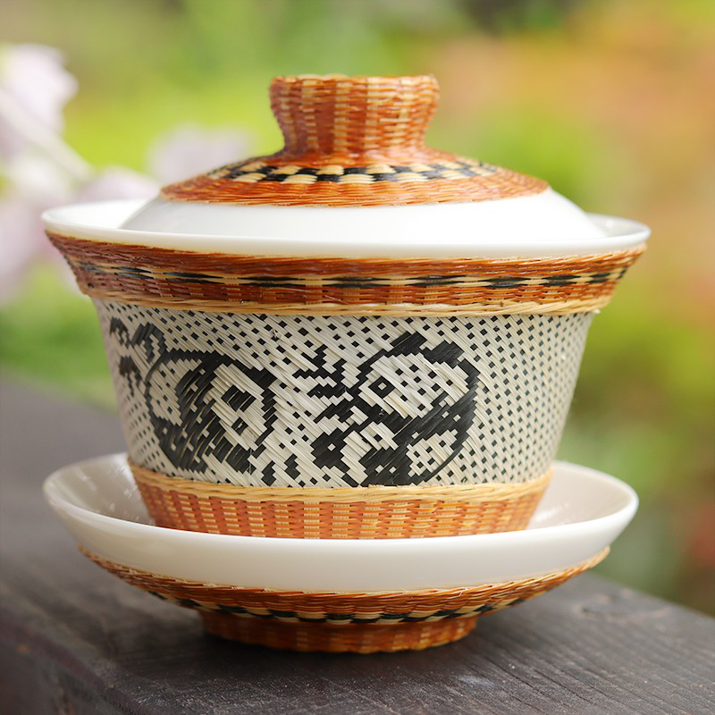 Non-preserved bamboo woven buckle porcelain panda cover bowl teacup